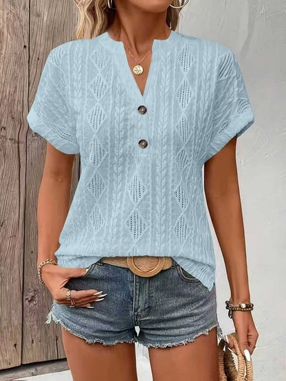 Knitting Buttons V-neck Short Sleeve T-shirts