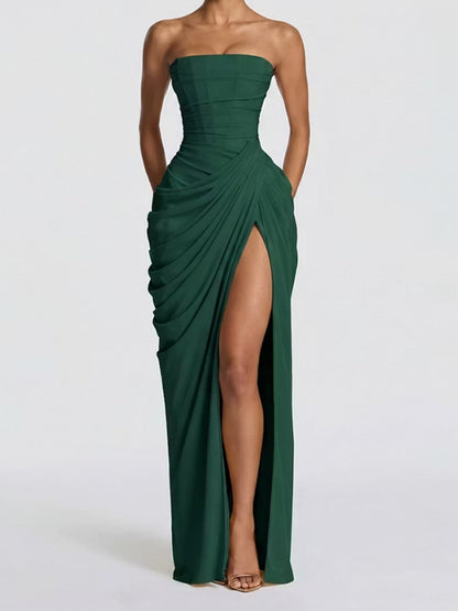 Pleated Slit Strapless Waist Maxi Dresses
