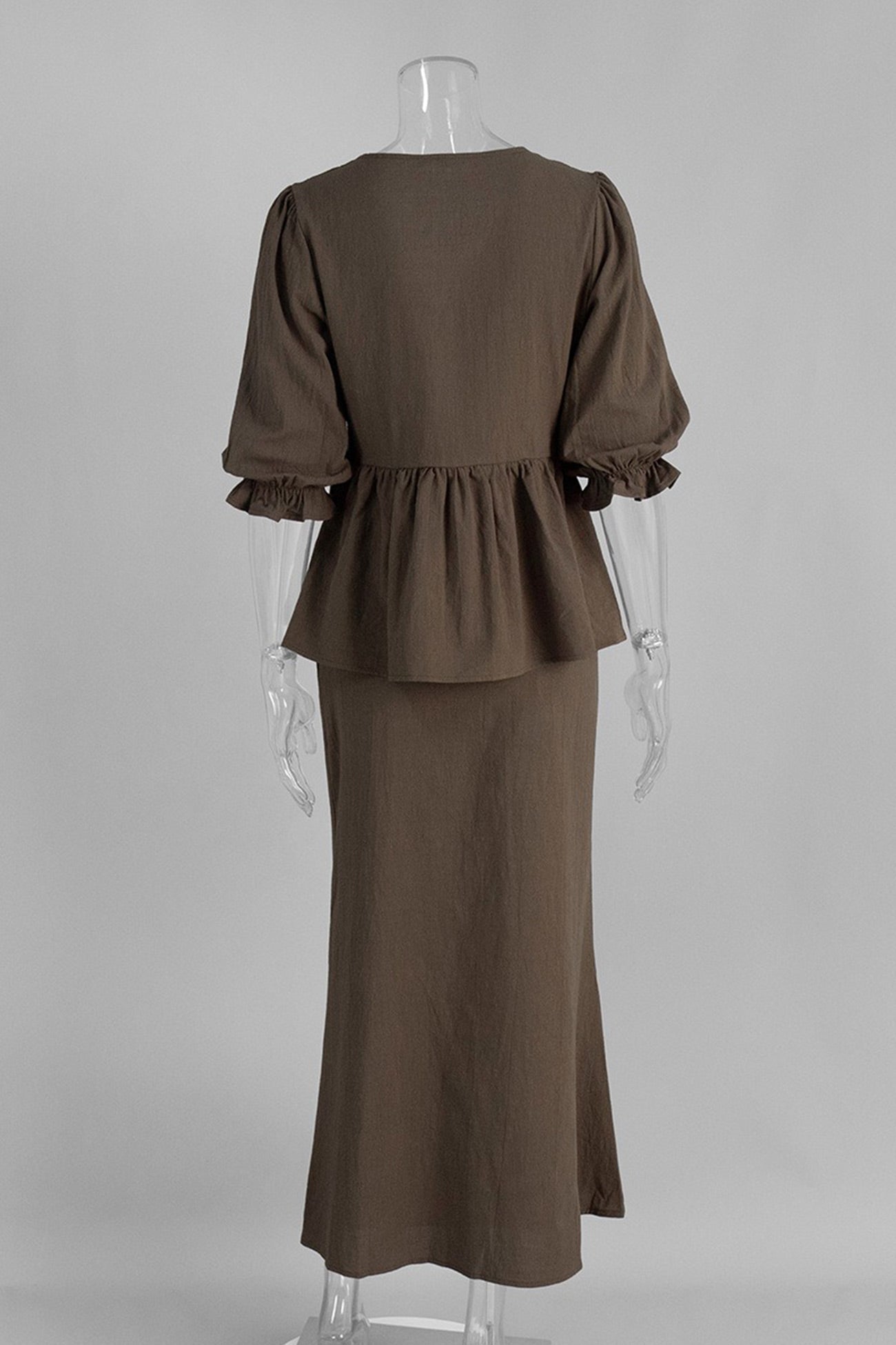 Puff Sleeve Tie-up Ruffle Cotton Shirt Skirt Set