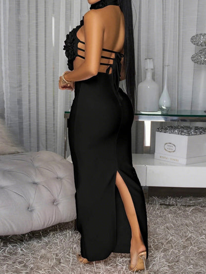 3D Flowers Valentine's Day Neckband Pleated Midi Dresses