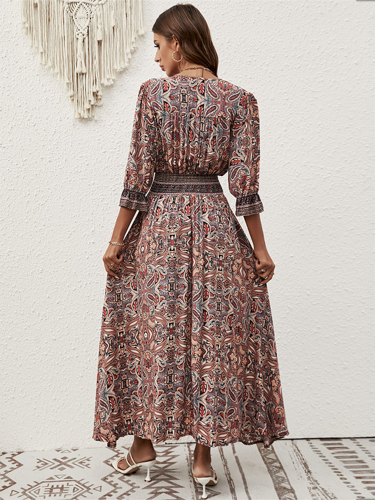 Deep V Neck 3/4 Sleeve Smocked Waist Tassel Tie Paisley Print Maxi Dress