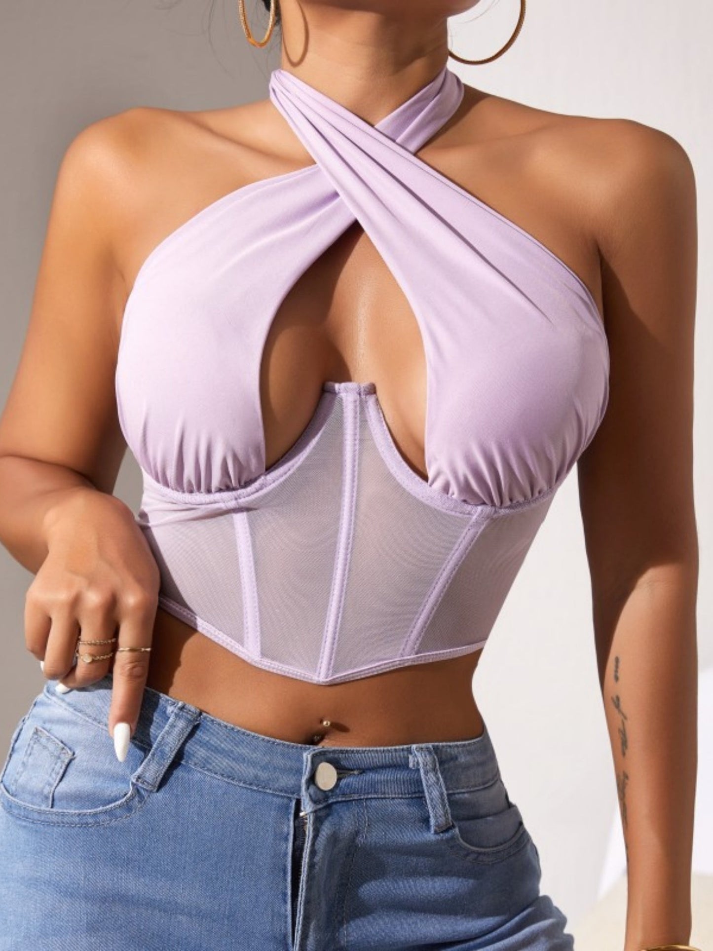 Mesh See-through Cross-neck Steel Ring Fishbone Bra