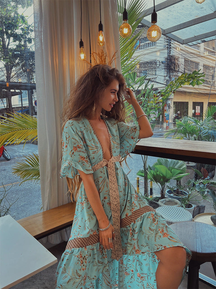 Deep V Neck Floral Print High Low Ruffle Lace Insert Maxi Dress
