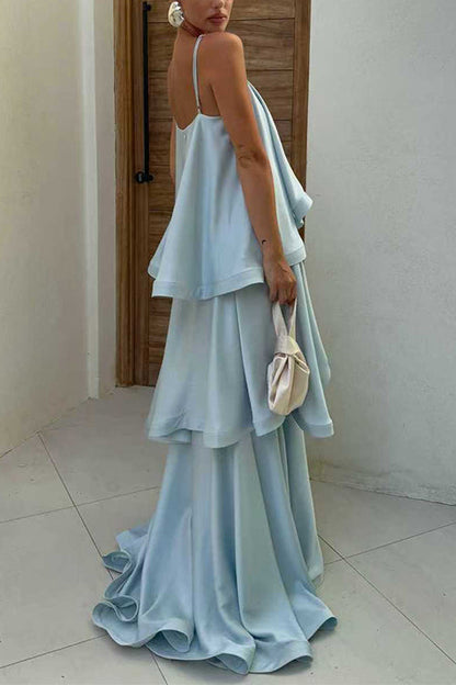 Margovil Spaghetti Strap Ruffle Layered Satin Maxi Dress