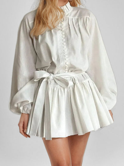 Printed Stand-up Collar Tie Balloon Sleeve Mini&Short Dresses