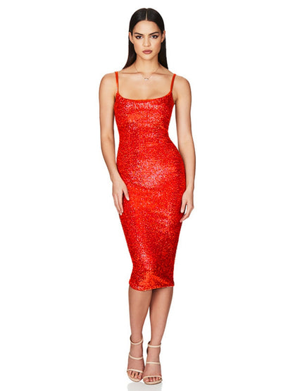 Sequined Backless Halter Dress