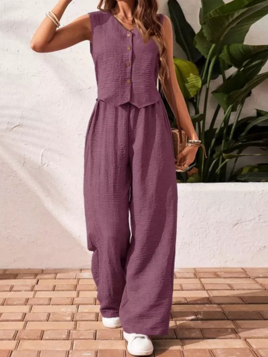 Pleated Solid Color Sleeveless Button Vest Wide-leg Pants 2-piece Sets