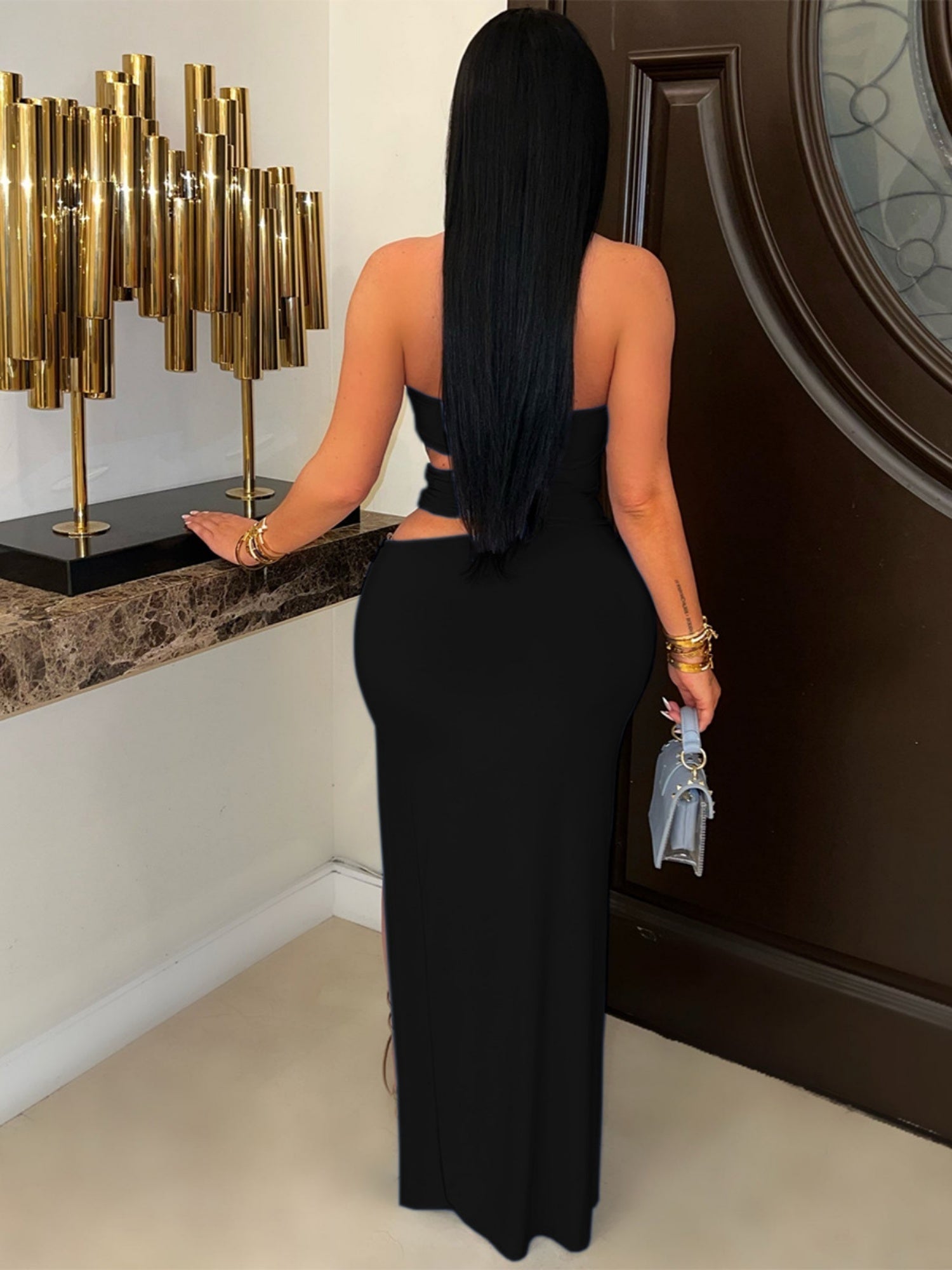 Hollow Out Metal Ring Splicing High Fork Hip Wrap Pleated Maxi Dresses