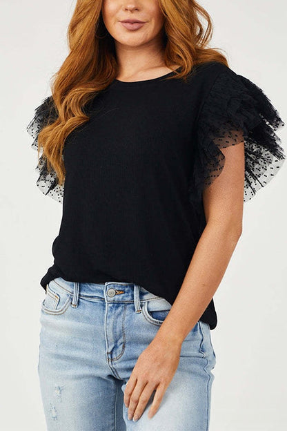 Margovil Round Neck Polka Dot Ruffle Short Sleeves Top