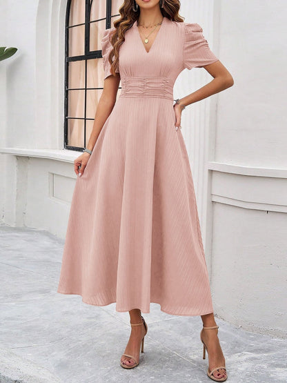 Pleated Waist Short Sleeve Maxi Dresses