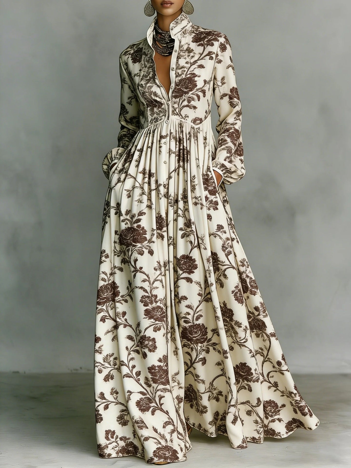 Long-sleeved Printed Maxi Dress