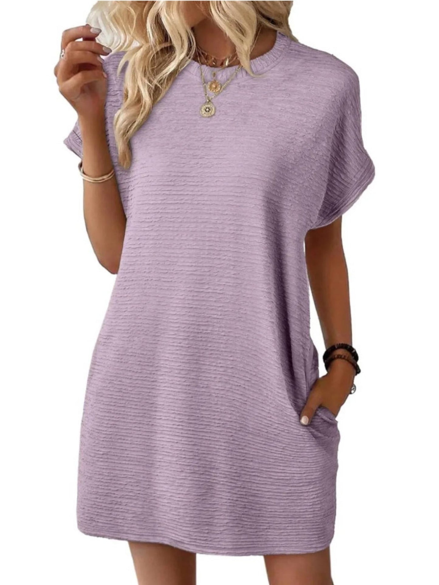 Pocket Crew Neck Short Sleeve Loose-fit Mini&Short Dresses