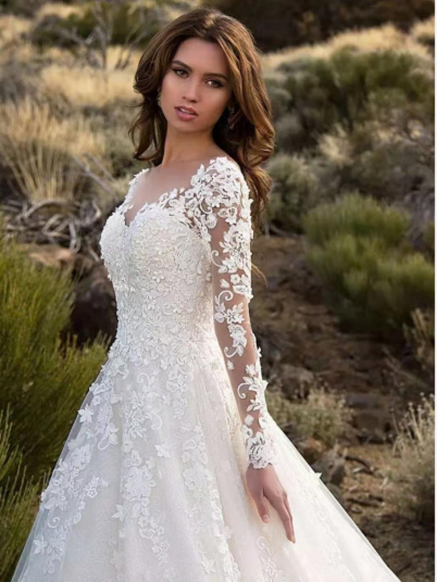 Lace Long-sleeved One-shoulder Bridal Wedding Dress Long Dress