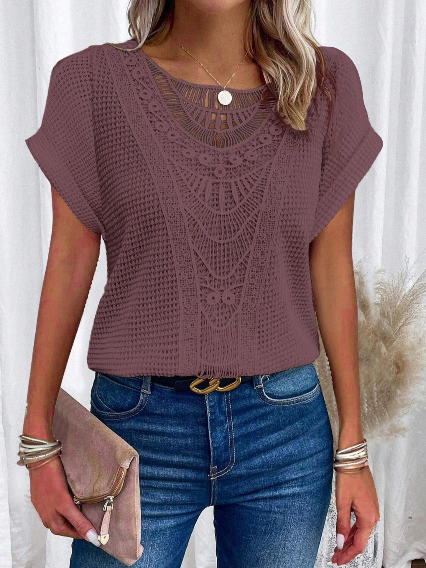 Openwork Lace Crew Neck Patchwork Cropped T-shirt