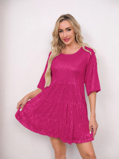 Sequins Pleated Multi-story Crew Neck Short Sleeve Mini&Short Dresses