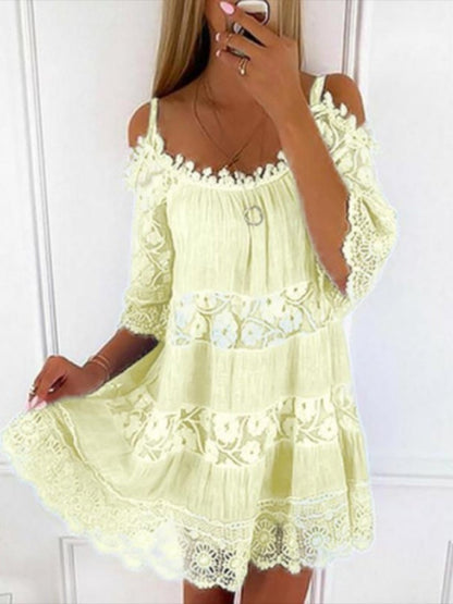 Lace Trim Hollow Out Splicing Spaghetti Strap Off-shoulder Mini&Short Dresses