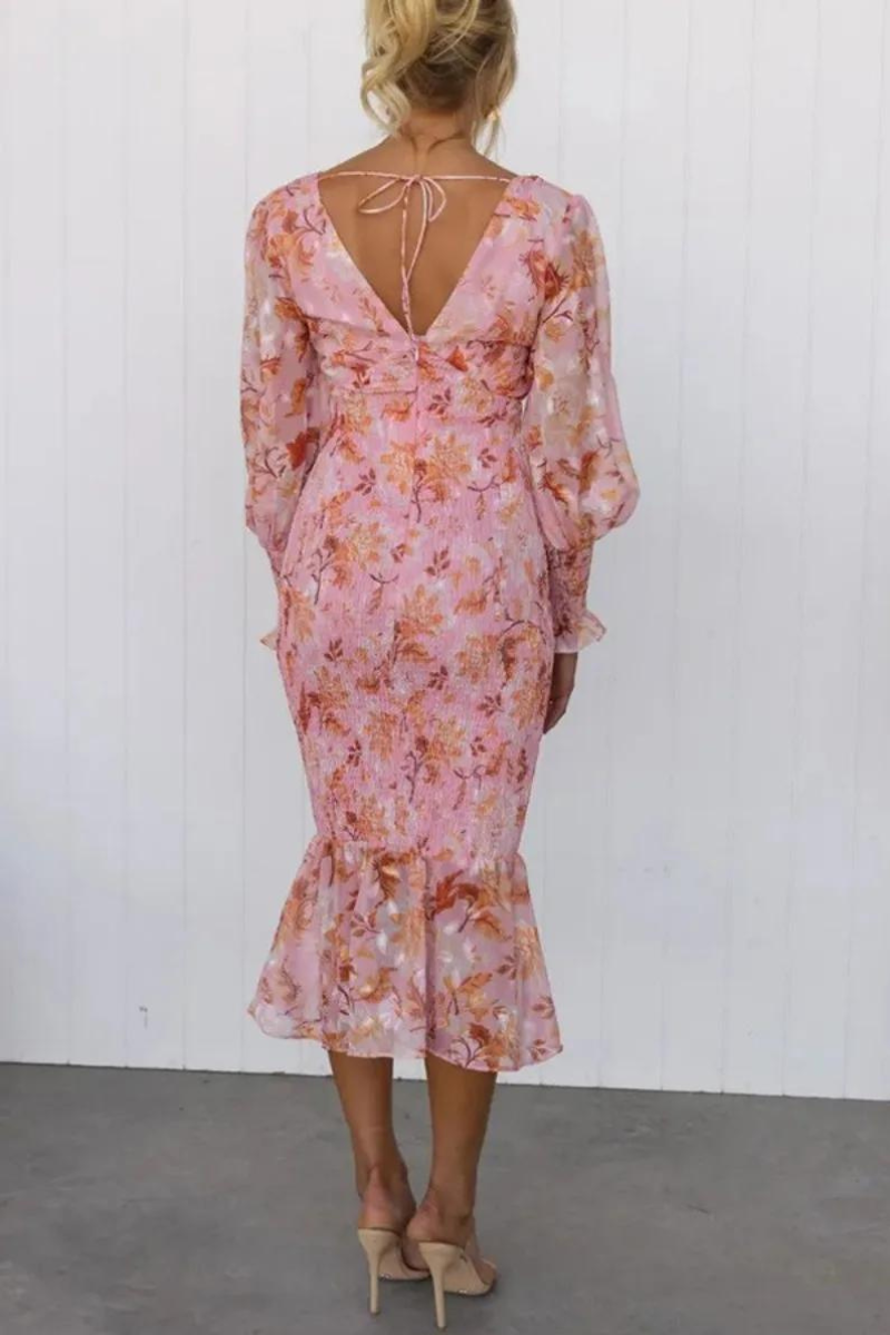 Floral Print Deep V-Neck Balloon Sleeve Smocked Trumpet Hem Midi Dress
