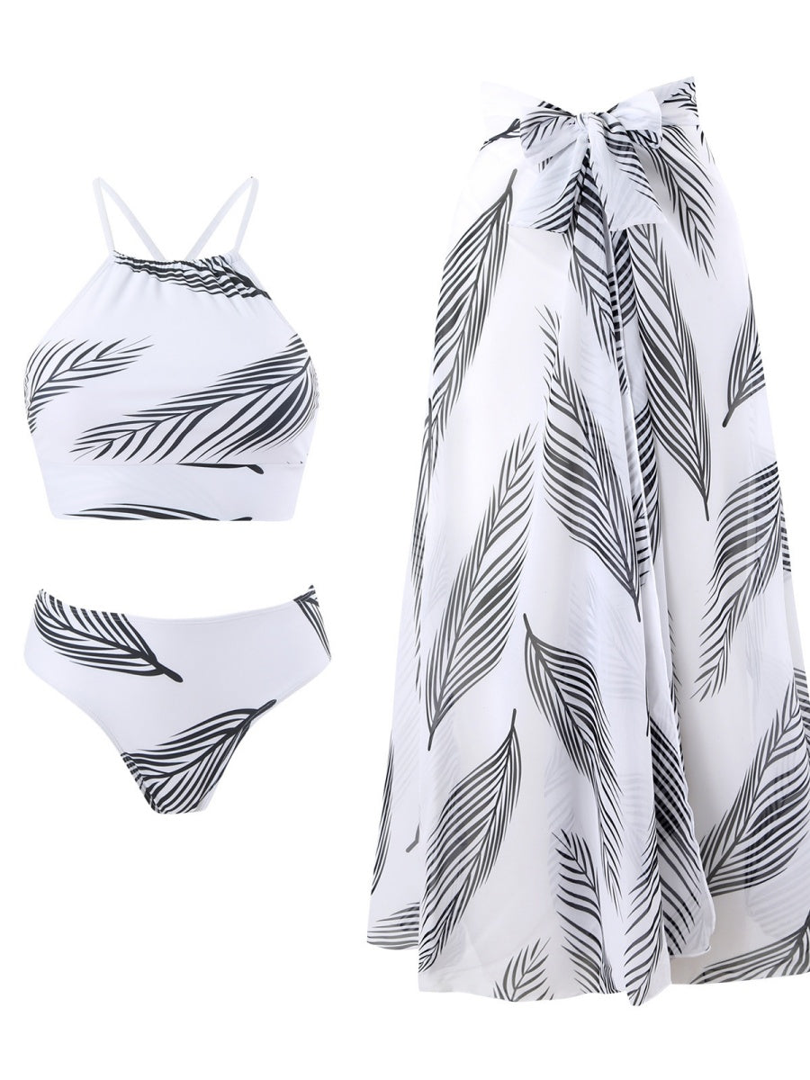 Feather Print Two-Piece Swimsuit With Sun Protection And Skirt (Three-Piece Set)