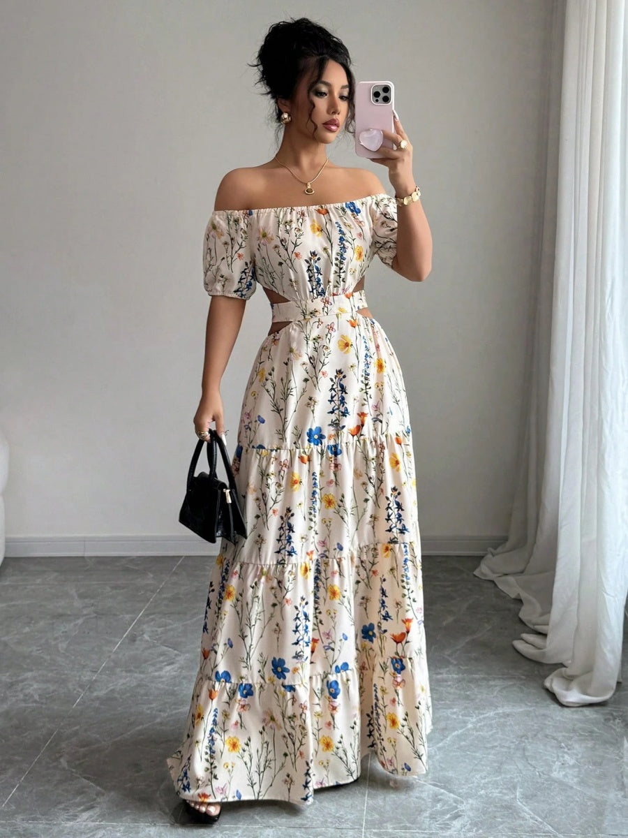 Floral Print Backless And Off-shoulder Long Dress
