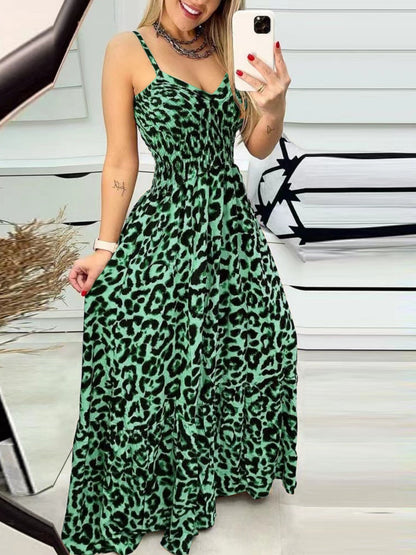 Leopard Print Spaghetti Strap Backless High-waisted And Slimming Maxi Dresses
