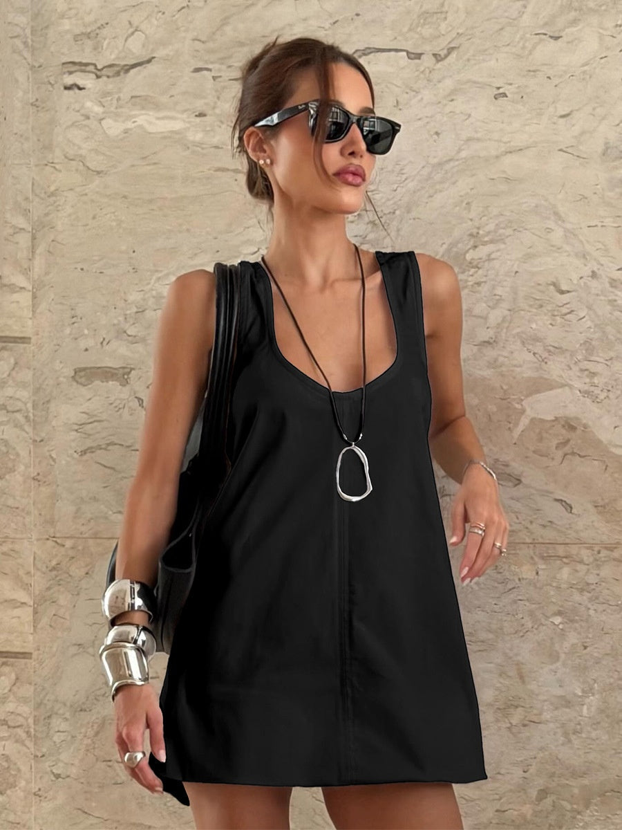 Pure Cotton U-neck Loose-fit Sleeveless A Mini&Short Dresses