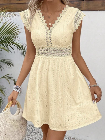 Lace Trim Openwork Jacquard V-neck, Fitted Waist Mini&Short Dresses