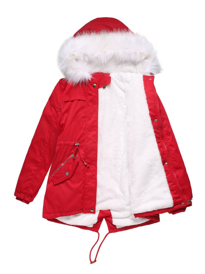 With Fur Collar Fleece Lined Hooded For Warmth Drawstring Pocket Down Jacket