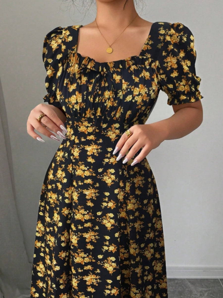 Floral Short Sleeve Square Collar Ruffle Vacation And Leisure Maxi Dresses