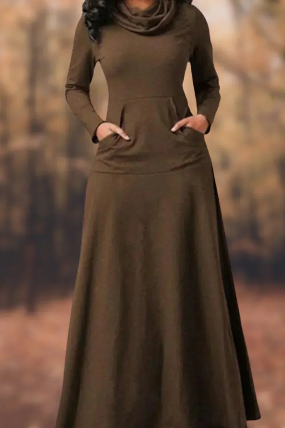 Cowl Neck Long Sleeve Kangaroo Pocket Jersey A-Line Maxi Dress