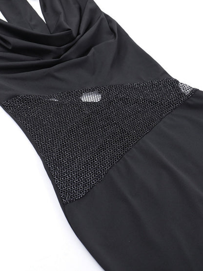 Backless Draped Collar Sparkling Mesh Splicing Halter Mini&Short Dresses