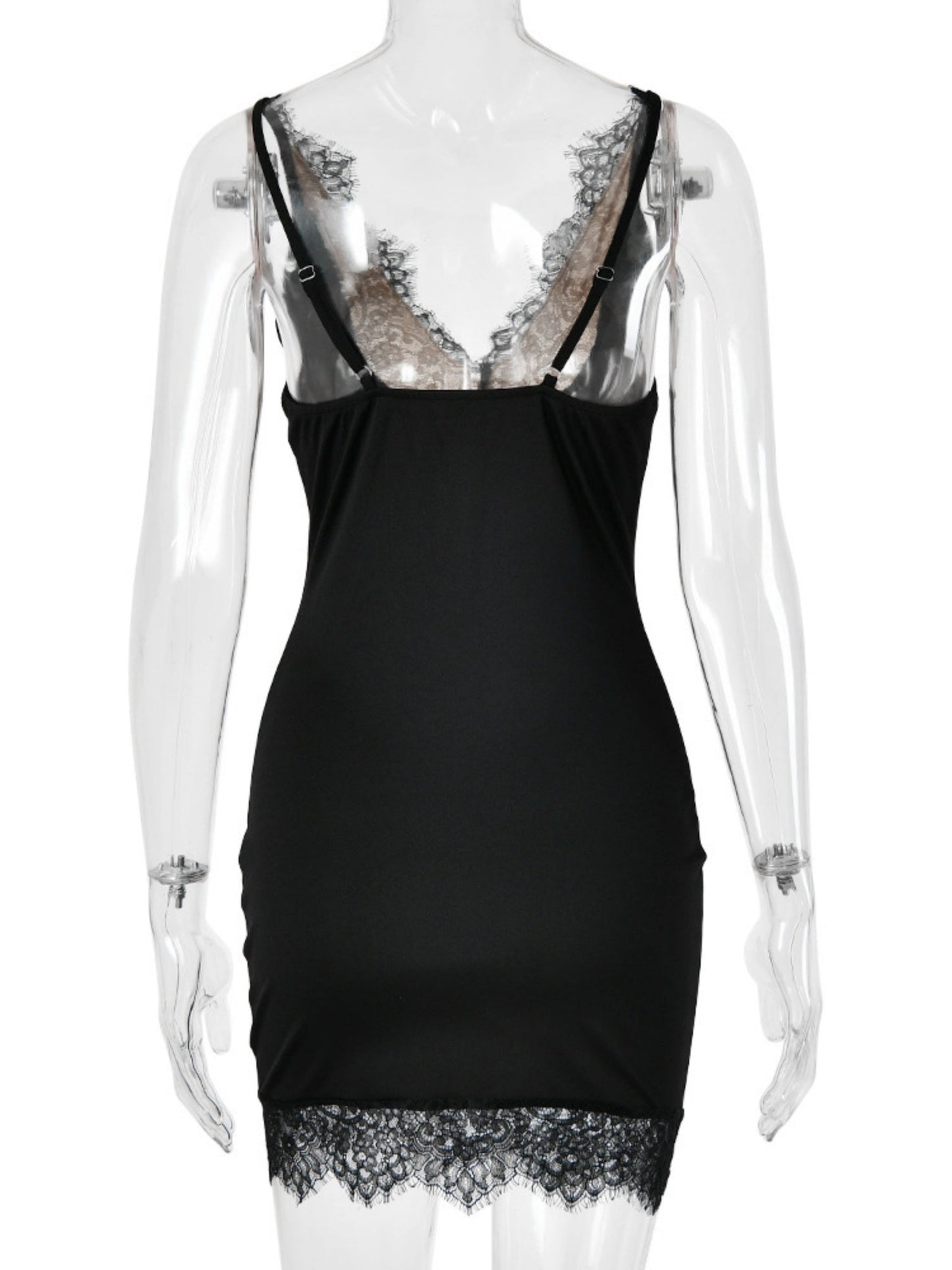 Lace Trim Deep V-neck Sleeveless Bodycon Mini&Short Dresses