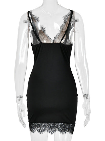 Lace Trim Deep V-neck Sleeveless Bodycon Mini&Short Dresses