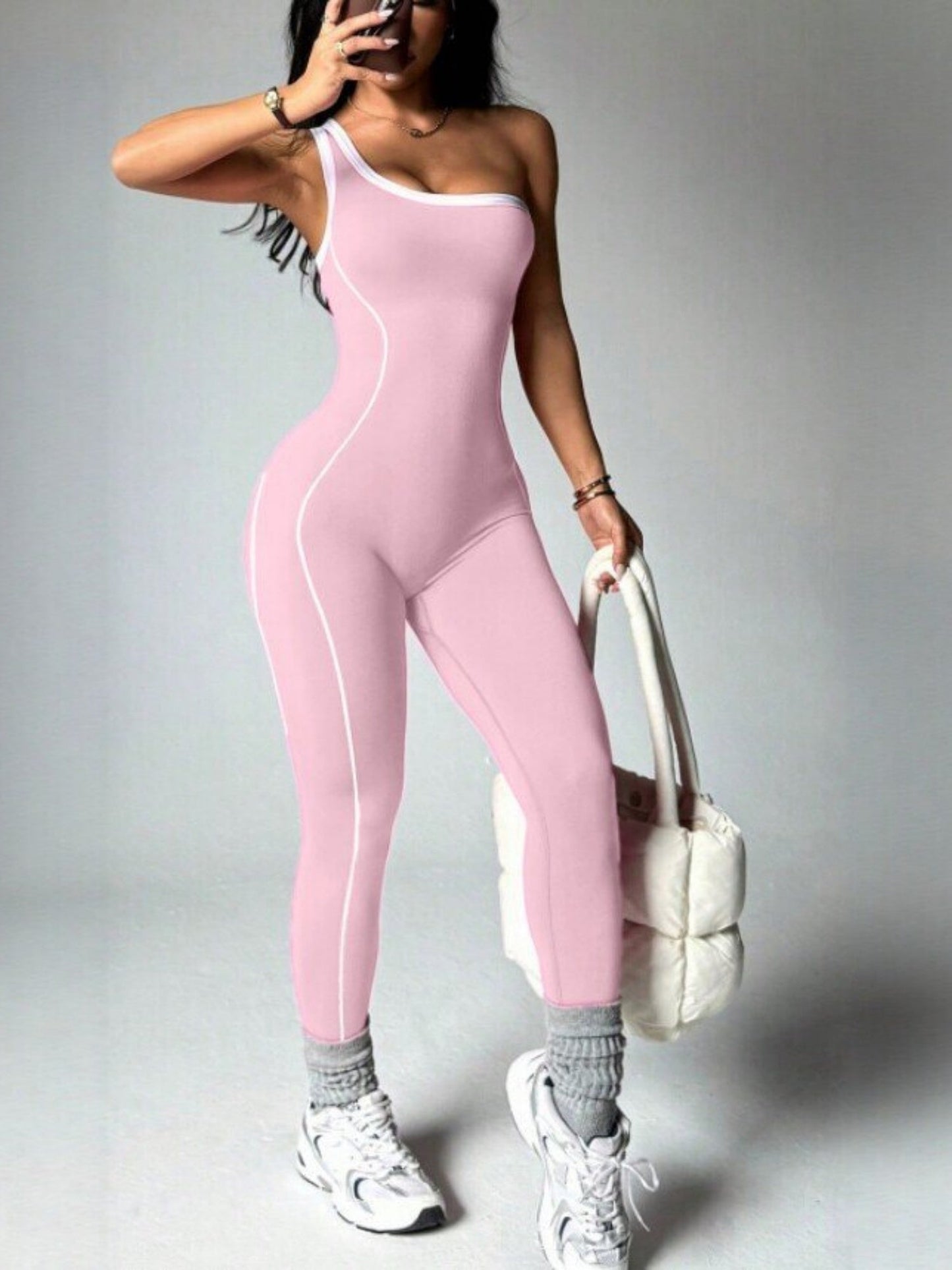 Color-blocked Stripes One Shoulder Exercise And Fitness Yoga Jumpsuits