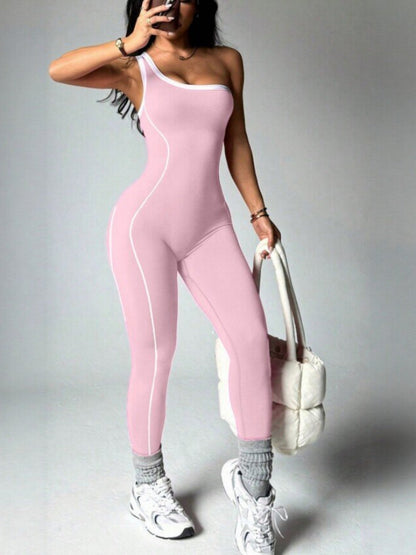 Color-blocked Stripes One Shoulder Exercise And Fitness Yoga Jumpsuits