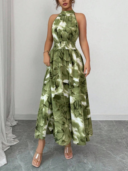 Printed Halter Sleeveless Vacation And Leisure Maxi Dresses