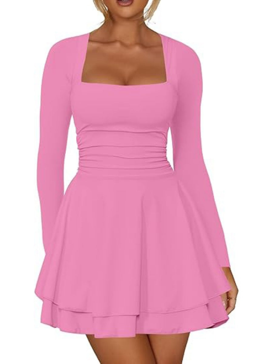 Square Neck Long Sleeves Pleated Solid Color Slim Fit Mini&Short Dresses