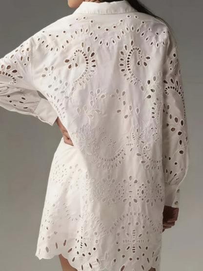 Solid Color Openwork Button-down Collar Shirt
