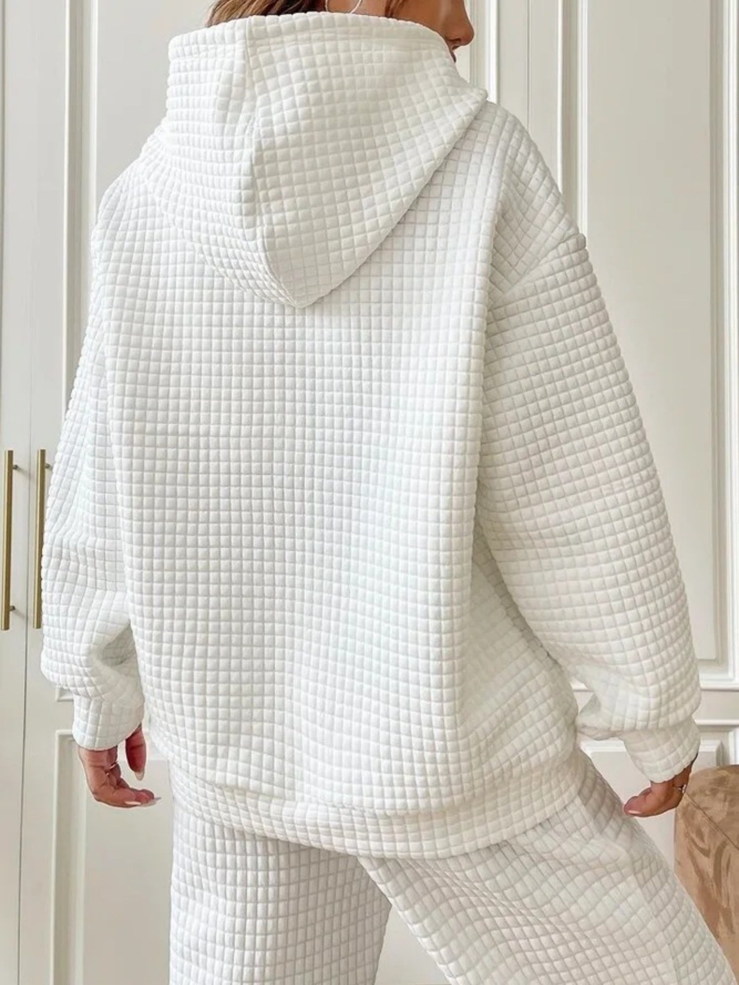 Waffle Drawstring Pocket Round Neck Long Sleeve Hoodie