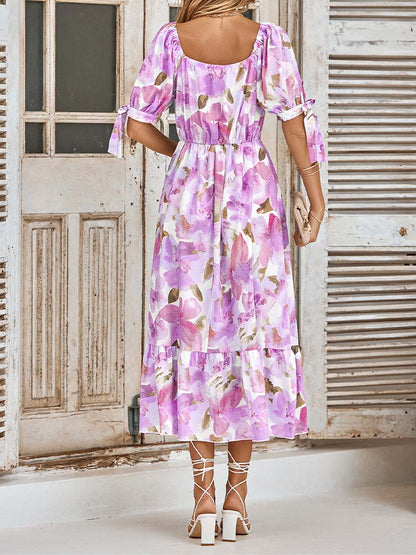 Floral Print Surplice V-Neck Tie Cuff Puff Sleeve Tiered Ruffle Midi Dress