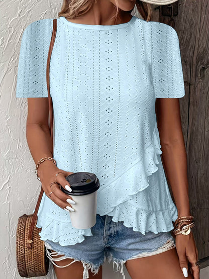 Jacquard Hollow Out Ruffle Crew Neck Short Sleeve T-shirts