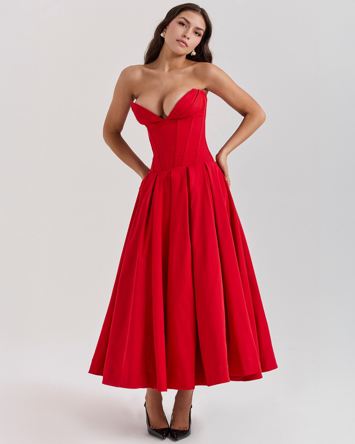 Strapless Corset Sweetheart Neckline Box Pleat A-Line Midi Dress