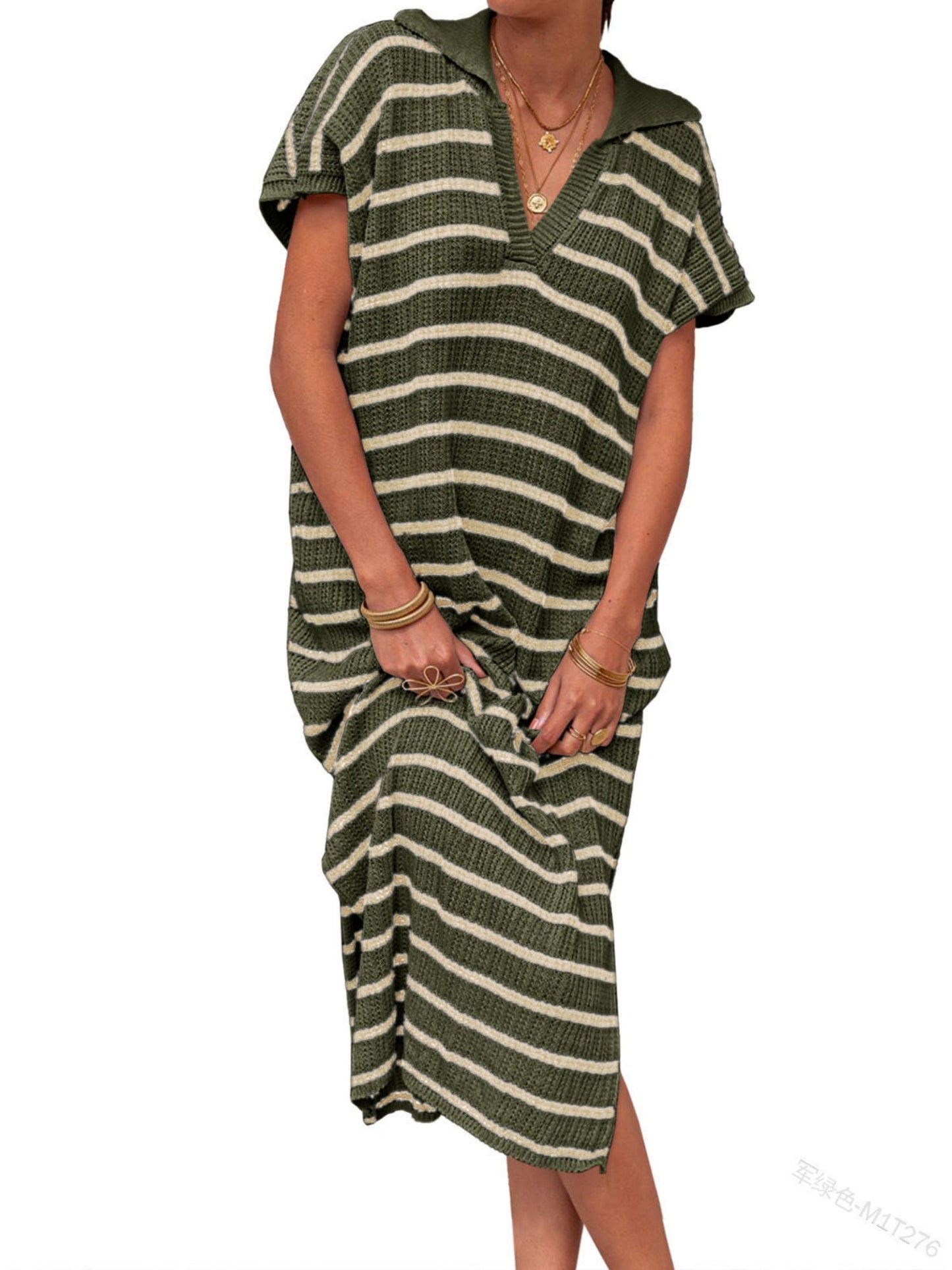 Stripes V-neck Short Sleeve Low-split Lapel Maxi Dresses
