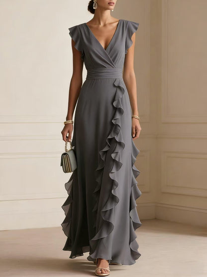 Solid Color Pleated Short Sleeve V-neck Chiffon Long Dress