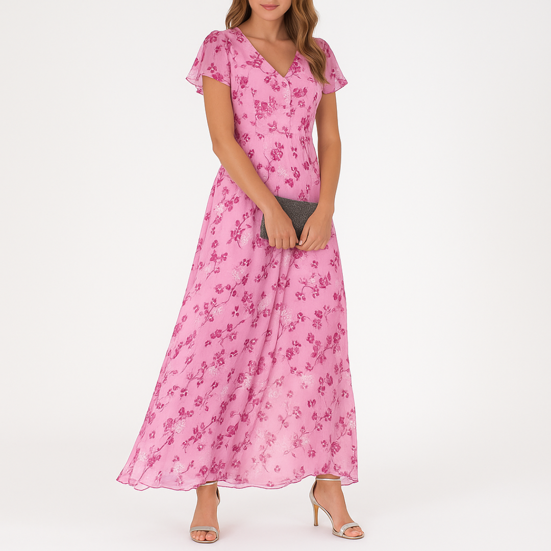 Floral Print Surplice V-Neck Flutter Sleeve Cinched Waist Chiffon Maxi Dress