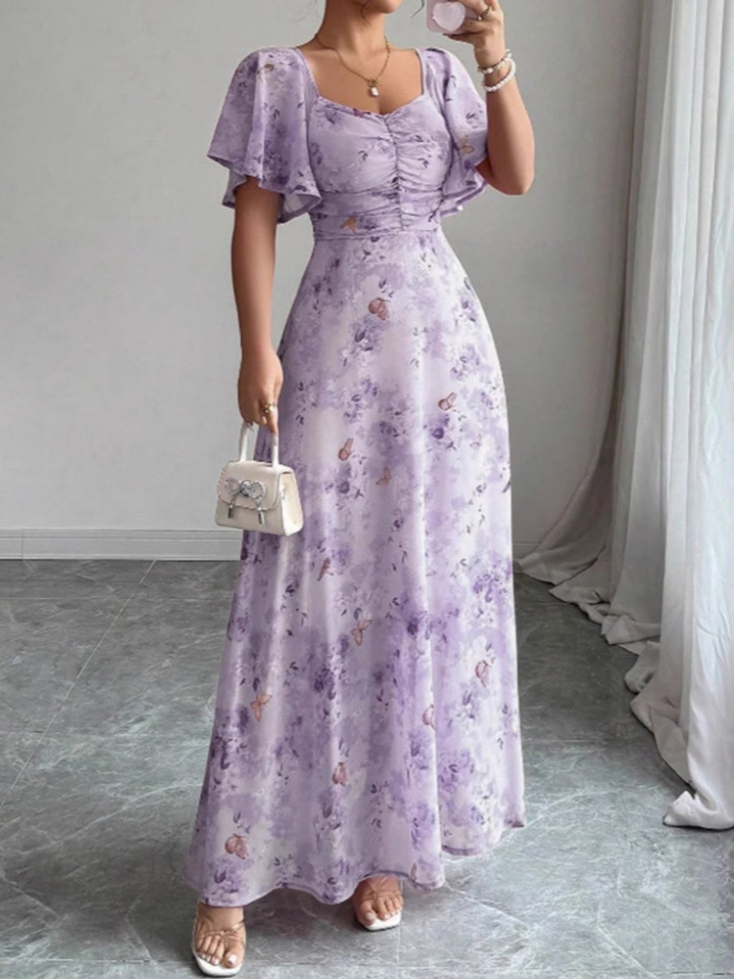 Butterfly Print Lotus Leaf Sleeves Pleated Slim Fit Maxi Dresses