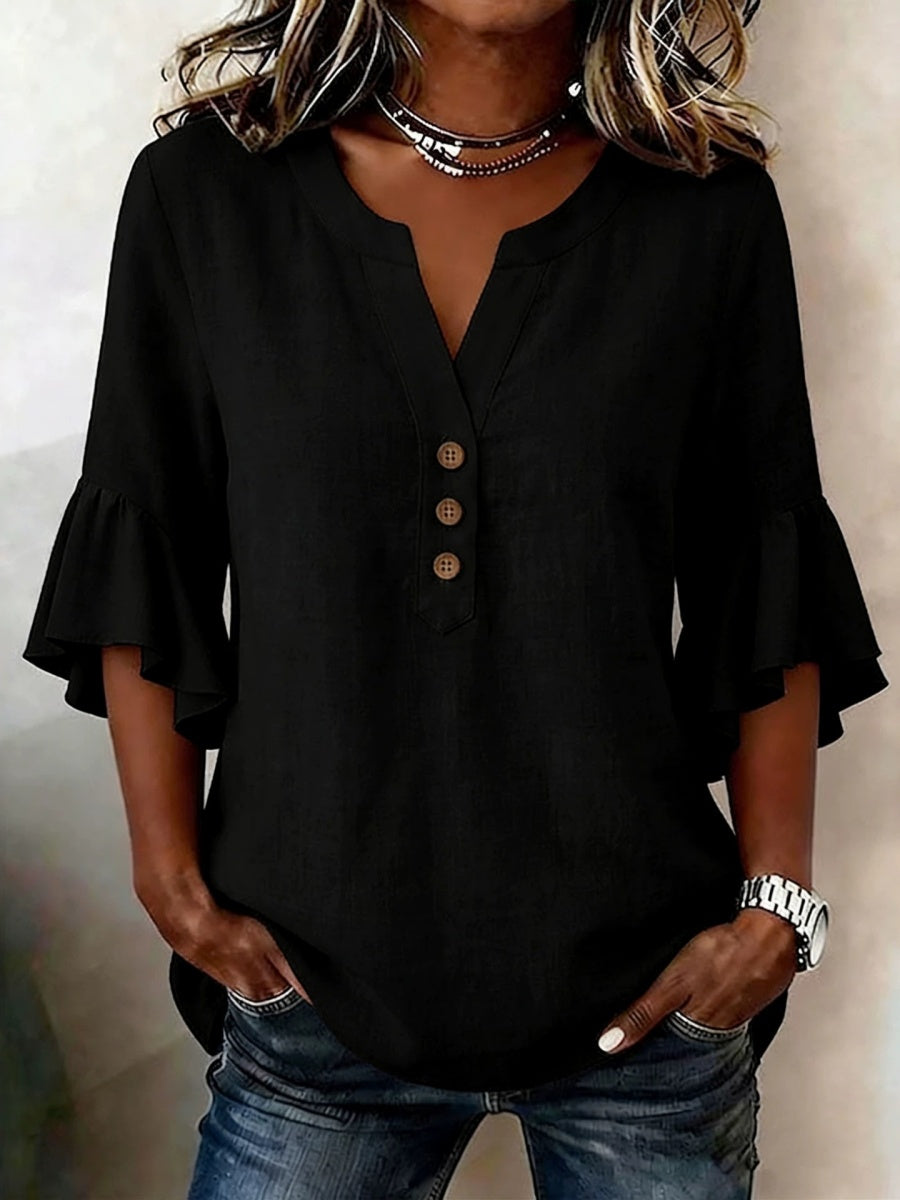 V-neck Solid Color Button Casual Ruffle Sleeve T-shirt
