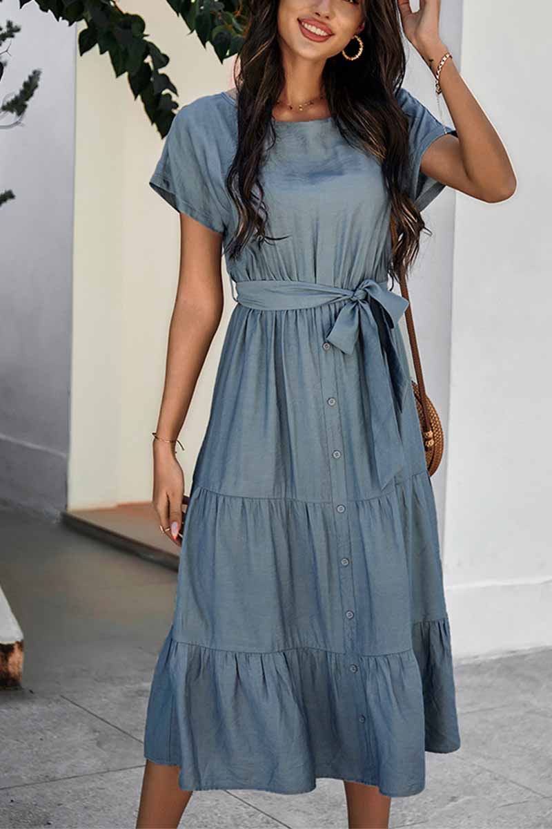 Button-Front Tie-Waist Tiered Short Sleeve Midi Shirt Dress