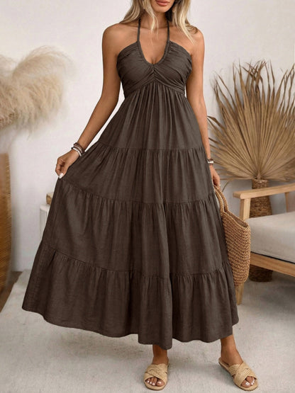Halter V-neck Drawstring Loose-fit Vacation Maxi Dresses