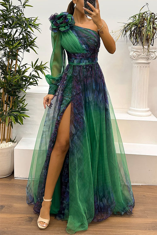 Margovil One Shoulder Long Sleeve Printed Mesh High Slit Maxi Dress