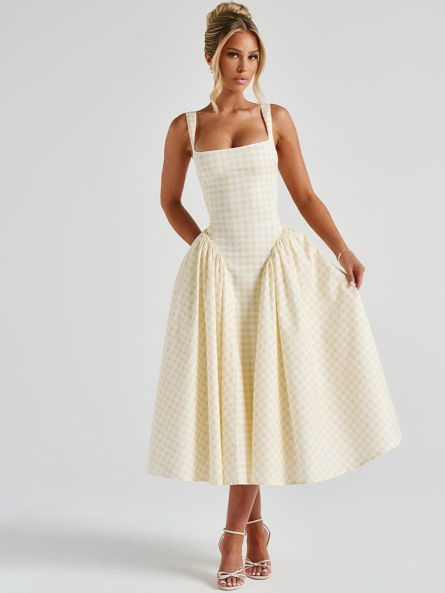 Plaid Print, Fitted Waist, Sexy Backless Halter Maxi Dress